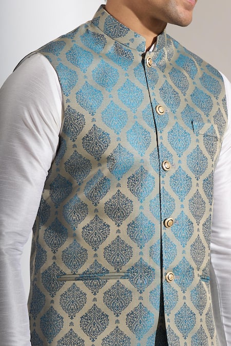 Rng Safawala_Navy Cotton, Silk Block Print Bundi _at_Aza_Fashions