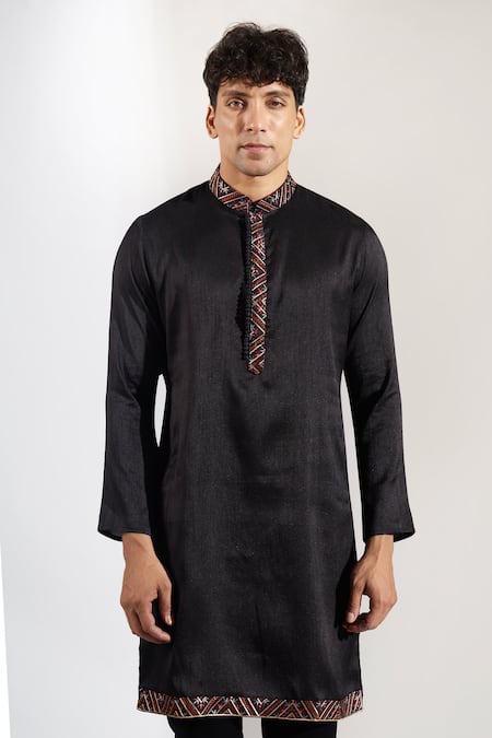 Rng Safawala_Red Crepe, Silk, Dupion Embroidery Resham Bundi Kurta Set _Online_at_Aza_Fashions