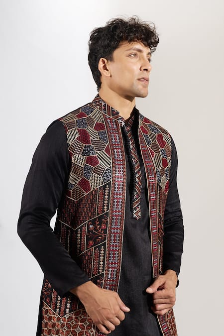 Shop_Rng Safawala_Red Crepe, Silk, Dupion Embroidery Resham Bundi Kurta Set _Online_at_Aza_Fashions