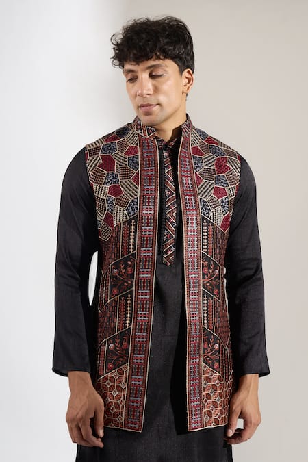 Rng Safawala_Red Crepe, Silk, Dupion Embroidery Resham Bundi Kurta Set _at_Aza_Fashions