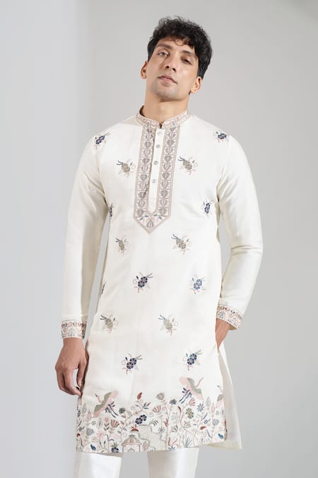 Buy Rng Safawala Cream Cotton Satin, Dupion Embroidery Resham Motif Kurta And Pant Set Online at Aza Fashions Buy_Rng Safawala_Cream Cotton Satin, Dupion Embroidery Resham Motif Kurta And Pant Set _Online_at_Aza_Fashions