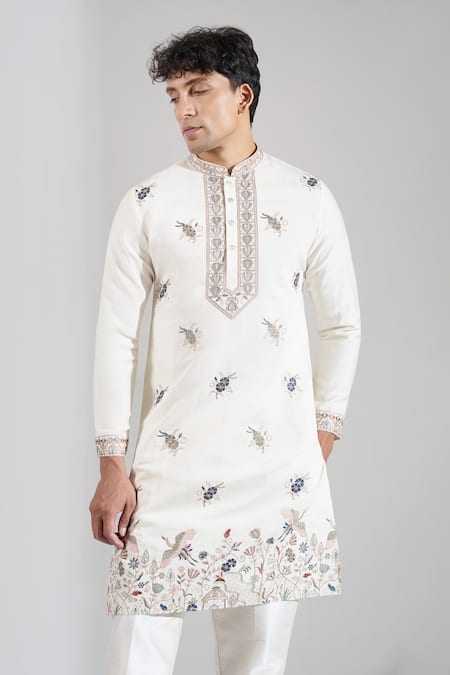 Shop Rng Safawala Cream Cotton Satin, Dupion Embroidery Resham Motif Kurta And Pant Set Online at Aza Fashions Shop_Rng Safawala_Cream Cotton Satin, Dupion Embroidery Resham Motif Kurta And Pant Set _Online_at_Aza_Fashions