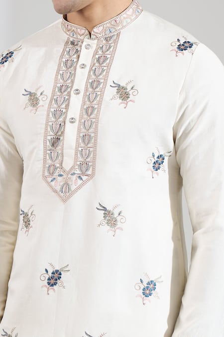 Rng Safawala Cream Cotton Satin, Dupion Embroidery Resham Motif Kurta And Pant Set at Aza Fashions Rng Safawala_Cream Cotton Satin, Dupion Embroidery Resham Motif Kurta And Pant Set _at_Aza_Fashions