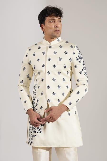 Rng Safawala_Cream Silk, Dupion Embroidery Thread Bandhgala Kurta Set _Online_at_Aza_Fashions