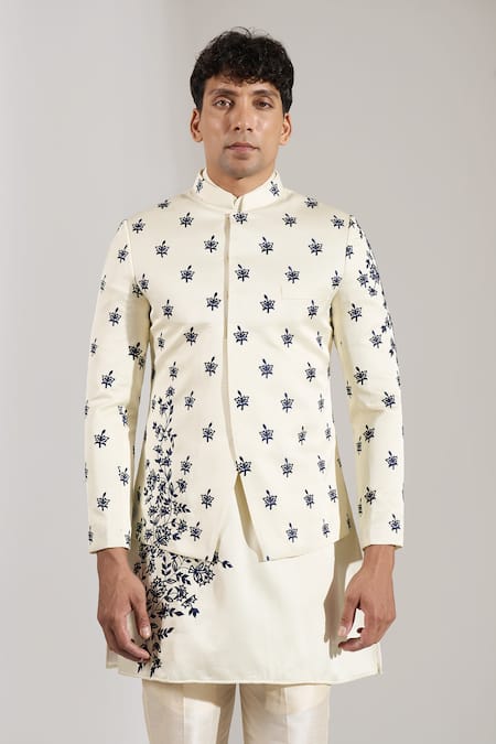 Buy_Rng Safawala_Cream Silk, Dupion Embroidery Thread Bandhgala Kurta Set _Online_at_Aza_Fashions