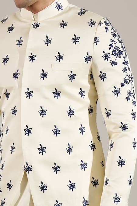 Rng Safawala_Cream Silk, Dupion Embroidery Thread Bandhgala Kurta Set _at_Aza_Fashions