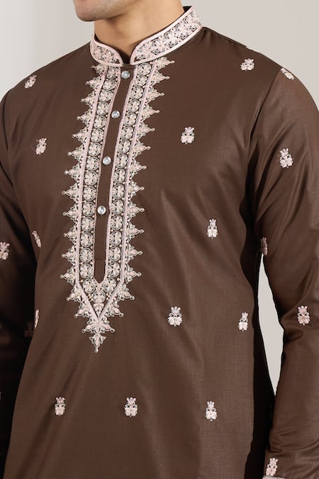 Shop_Rng Safawala_Brown Cotton Satin, Dupion Embroidery, Sequins Thread And Kurta Set _Online_at_Aza_Fashions