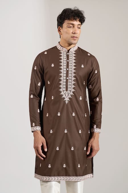 Buy_Rng Safawala_Brown Cotton Satin, Dupion Embroidery, Sequins Thread And Kurta Set 