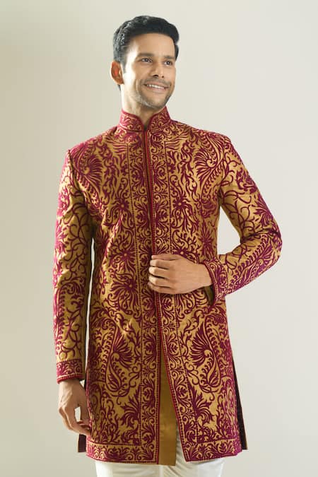 Rng Safawala_Maroon Silk, Shantoon Embroidery, Metallic Thread Achkan And Pant Set _Online_at_Aza_Fashions