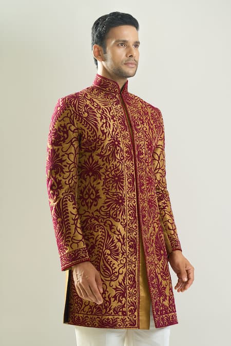 Buy_Rng Safawala_Maroon Silk, Shantoon Embroidery, Metallic Thread Achkan And Pant Set _Online_at_Aza_Fashions