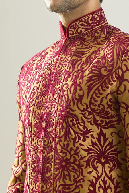Shop_Rng Safawala_Maroon Silk, Shantoon Embroidery, Metallic Thread Achkan And Pant Set _Online_at_Aza_Fashions