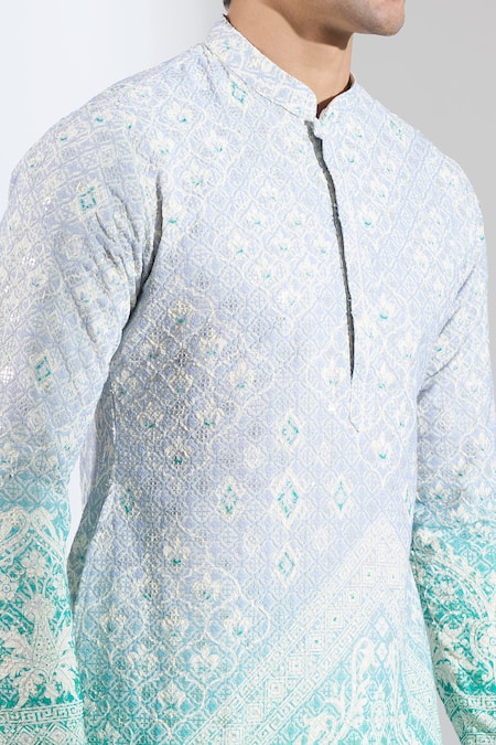Rng Safawala Blue Cotton Satin, Cotton, Dupion Embroidery, Sequins Ombre Kurta And Pant Set at Aza Fashions Rng Safawala_Blue Cotton Satin, Cotton, Dupion Embroidery, Sequins Ombre Kurta And Pant Set _at_Aza_Fashions