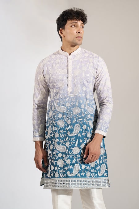Rng Safawala Blue Crepe, Silk, Dupion Embroidery, Sequins Ombre Floral Kurta Set Online at Aza Fashions Rng Safawala_Blue Crepe, Silk, Dupion Embroidery, Sequins Ombre Floral Kurta Set _Online_at_Aza_Fashions