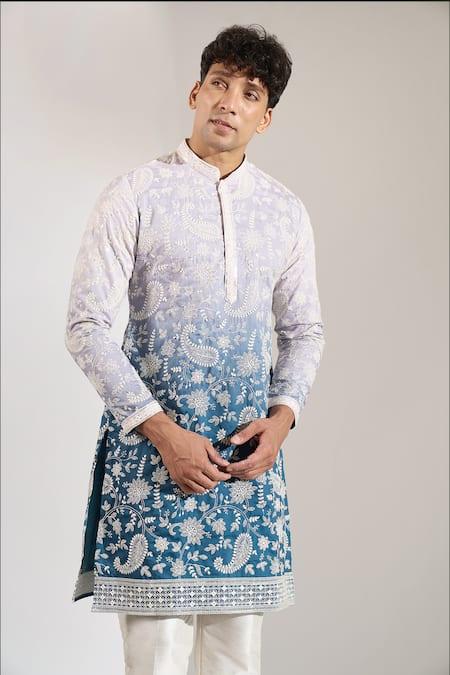 Buy Rng Safawala Blue Crepe, Silk, Dupion Embroidery, Sequins Ombre Floral Kurta Set Online at Aza Fashions Buy_Rng Safawala_Blue Crepe, Silk, Dupion Embroidery, Sequins Ombre Floral Kurta Set _Online_at_Aza_Fashions