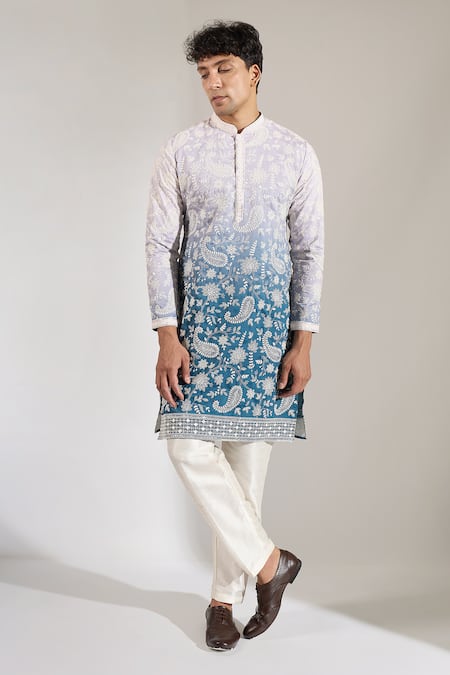 Shop Rng Safawala Blue Crepe, Silk, Dupion Embroidery, Sequins Ombre Floral Kurta Set Online at Aza Fashions Shop_Rng Safawala_Blue Crepe, Silk, Dupion Embroidery, Sequins Ombre Floral Kurta Set _Online_at_Aza_Fashions