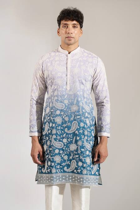 Rng Safawala Blue Crepe, Silk, Dupion Embroidery, Sequins Ombre Floral Kurta Set at Aza Fashions Rng Safawala_Blue Crepe, Silk, Dupion Embroidery, Sequins Ombre Floral Kurta Set _at_Aza_Fashions