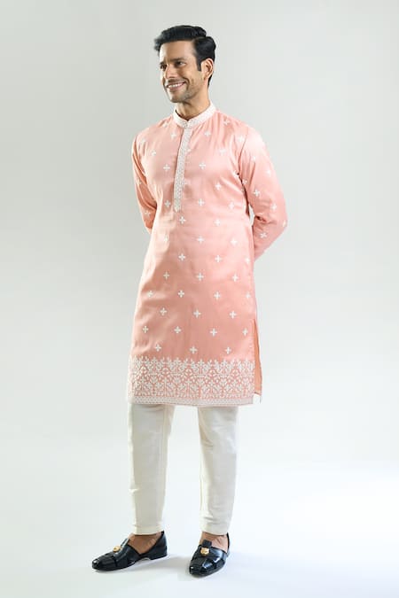 Rng Safawala_Peach Crepe, Dupion Embroidery, Mirrors Resham And Kurta & Pant Set _Online_at_Aza_Fashions