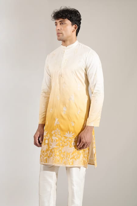 Rng Safawala Yellow Silk, Dupion Embroidery, Sequins Ombre Resham And Kurta Set Online at Aza Fashions Rng Safawala_Yellow Silk, Dupion Embroidery, Sequins Ombre Resham And Kurta Set _Online_at_Aza_Fashions