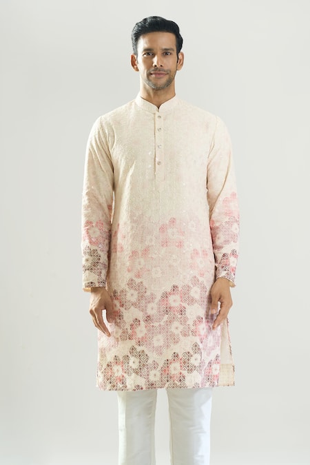Rng Safawala_Off White Cotton, Silk, Dupion Embroidery, Chikankari Thread Kurta And Pant Set _Online_at_Aza_Fashions