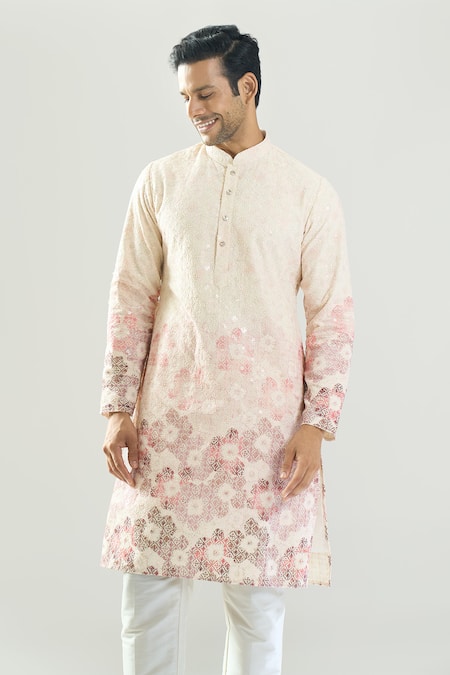 Shop_Rng Safawala_Off White Cotton, Silk, Dupion Embroidery, Chikankari Thread Kurta And Pant Set _Online_at_Aza_Fashions