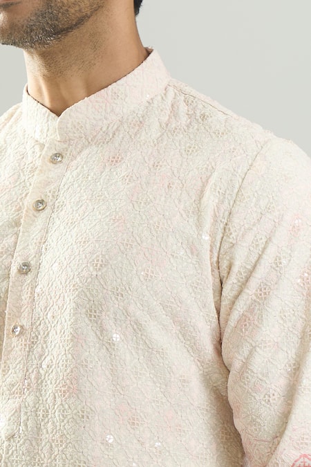 Rng Safawala_Off White Cotton, Silk, Dupion Embroidery, Chikankari Thread Kurta And Pant Set _at_Aza_Fashions