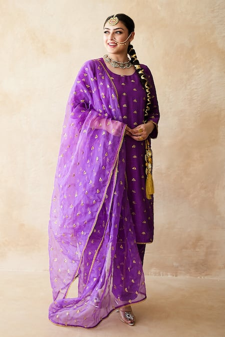 Gulabo Jaipur_Purple Chanderi Embroidery, Lace Round Neck Meera Straight Kurta Set _Online_at_Aza_Fashions