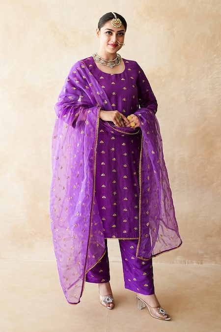 Buy_Gulabo Jaipur_Purple Chanderi Embroidery, Lace Round Neck Meera Straight Kurta Set _Online_at_Aza_Fashions