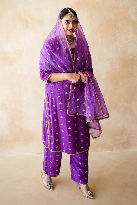 Gulabo Jaipur_Purple Chanderi Embroidery, Lace Round Neck Meera Straight Kurta Set _at_Aza_Fashions