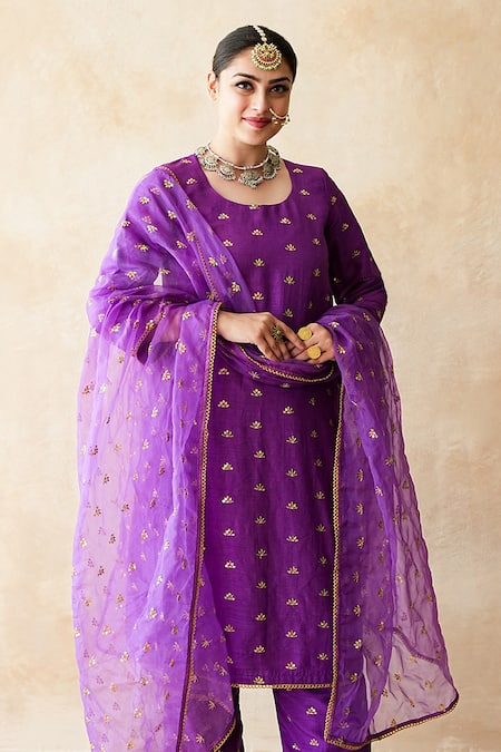 Buy_Gulabo Jaipur_Purple Chanderi Embroidery, Lace Round Neck Meera Straight Kurta Set 