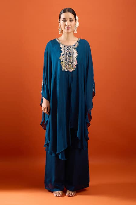 Samyukta Singhania_Blue Chinon Embroidery Round Neck Kurta And Palazzo Set _Online_at_Aza_Fashions