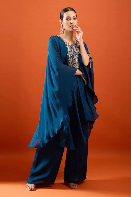 Buy_Samyukta Singhania_Blue Chinon Embroidery Round Neck Kurta And Palazzo Set _Online_at_Aza_Fashions