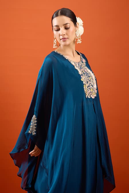 Shop_Samyukta Singhania_Blue Chinon Embroidery Round Neck Kurta And Palazzo Set _Online_at_Aza_Fashions