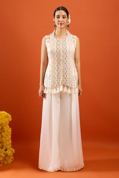 Buy_Samyukta Singhania_White Silk Embroidery, Tassels, Zari High Neck Kurta Set _Online_at_Aza_Fashions