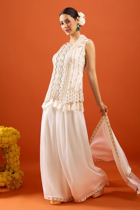 Shop_Samyukta Singhania_White Silk Embroidery, Tassels, Zari High Neck Kurta Set _Online_at_Aza_Fashions