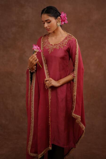 World of Sugandh_Pink Dupion, Silk Embroidery, Gota Patti, Fringe Boat Gulmitti Hand Kurta Set _at_Aza_Fashions