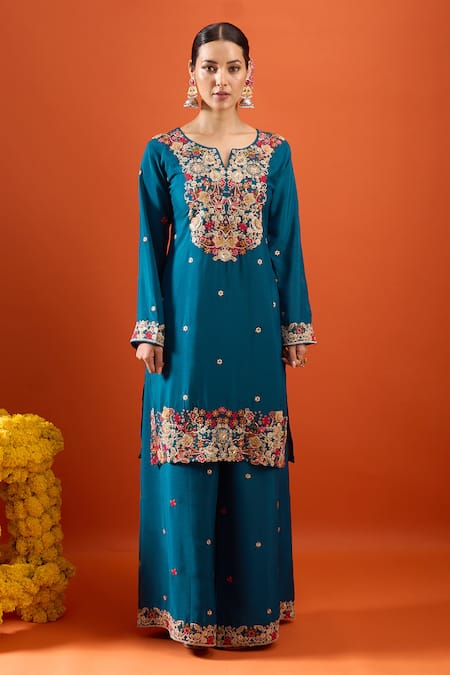 Buy Samyukta Singhania Green Chinon Embroidery, Sequins V-neck Kurta Sharara Set Online at Aza Fashions Buy_Samyukta Singhania_Green Chinon Embroidery, Sequins V-neck Kurta Sharara Set _Online_at_Aza_Fashions