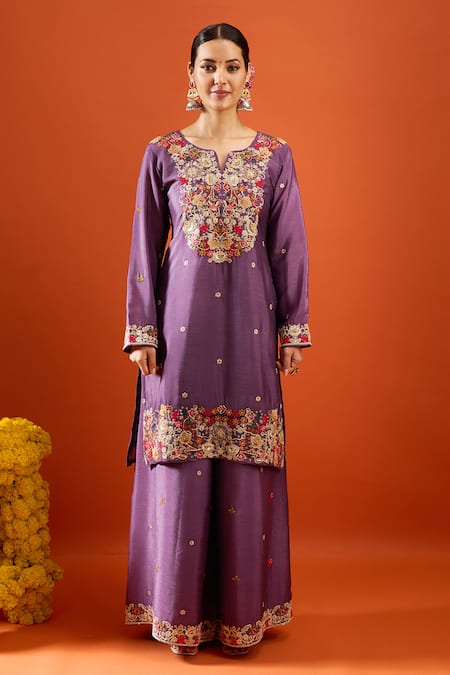 Buy Samyukta Singhania Purple Chinon Embroidery, Sequins Split V-neck Kurta Sharara Set Online at Aza Fashions Buy_Samyukta Singhania_Purple Chinon Embroidery, Sequins Split V-neck Kurta Sharara Set _Online_at_Aza_Fashions