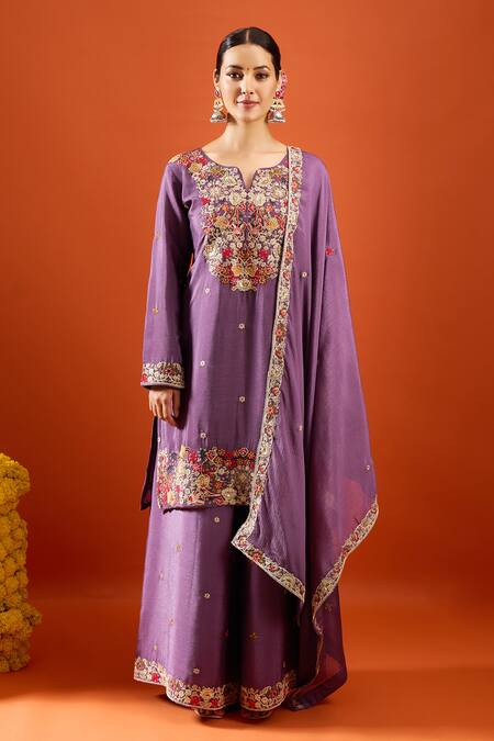 Samyukta Singhania Purple Chinon Embroidery, Sequins Split V-neck Kurta Sharara Set at Aza Fashions Samyukta Singhania_Purple Chinon Embroidery, Sequins Split V-neck Kurta Sharara Set _at_Aza_Fashions