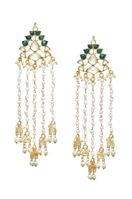 Buy_MAISARA JEWELRY_Green Pearls, Gota Patti Anjushree Jhalar Embellished Earrings _Online_at_Aza_Fashions