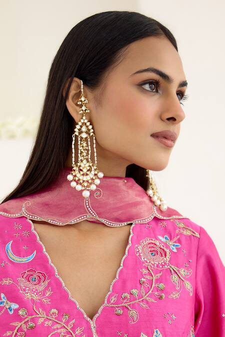 Shop_Maisara Jewelry_Gold Plated Pearls Chadrakin Embellished Earrings _Online_at_Aza_Fashions