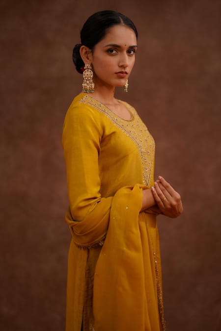 Shop_World of Sugandh_Yellow Dupion, Silk Embroidery Round Neck, Amaltas Hand Kurta Set With Dupatta _Online_at_Aza_Fashions