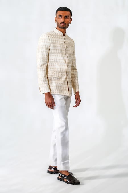 Chatenya Mittal_Beige Cotton, Silk Embroidery, Metallic Geometric Pattern Bandhgala And Pant Set _Online_at_Aza_Fashions