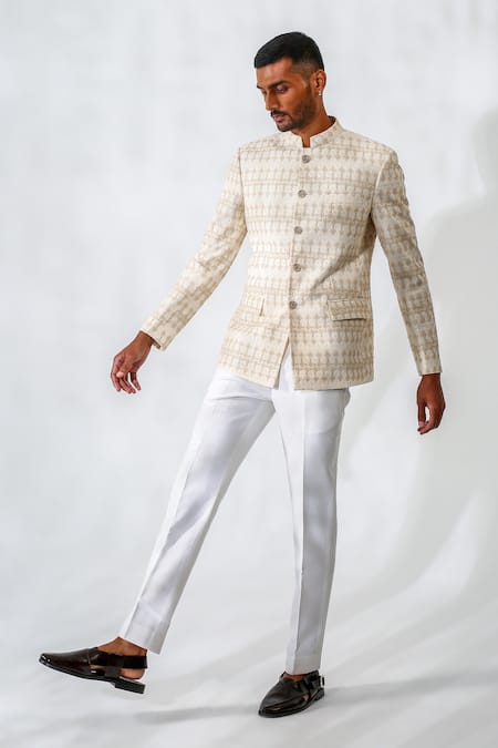 Buy_Chatenya Mittal_Beige Cotton, Silk Embroidery, Metallic Geometric Pattern Bandhgala And Pant Set _Online_at_Aza_Fashions