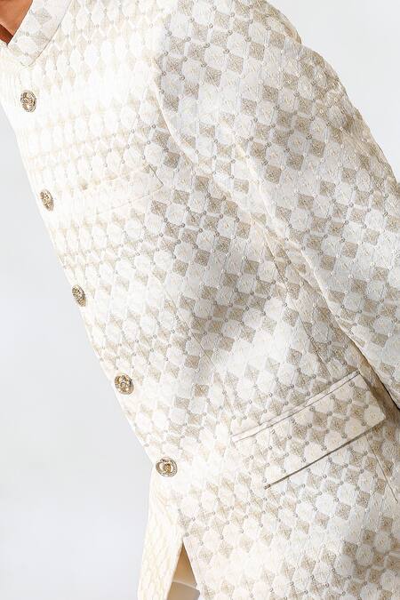 Shop_Chatenya Mittal_Beige Cotton, Silk Embroidery, Metallic Geometric Pattern Bandhgala And Pant Set _Online_at_Aza_Fashions