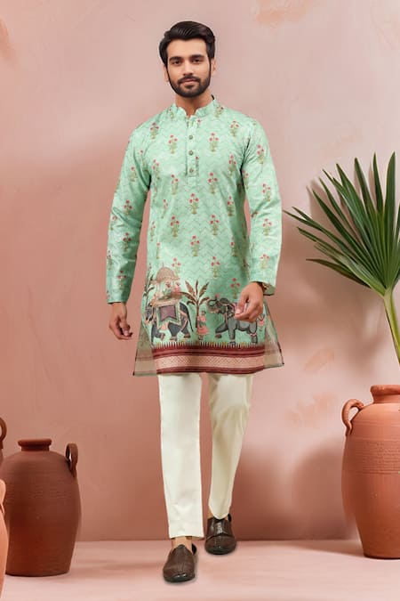Arihant Rai Sinha Green Cotton Embroidery, Foil Digital Printed Elephant Motif Kurta And Pant Set Online at Aza Fashions Arihant Rai Sinha_Green Cotton Embroidery, Foil Digital Printed Elephant Motif Kurta And Pant Set _Online_at_Aza_Fashions