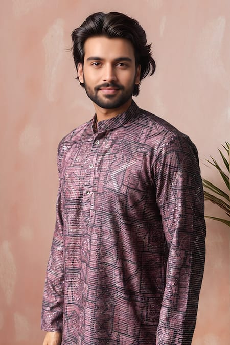 Buy_Arihant Rai Sinha_Purple Viscose, Silk Embroidery Printed And Kurta Salwar Set _Online_at_Aza_Fashions