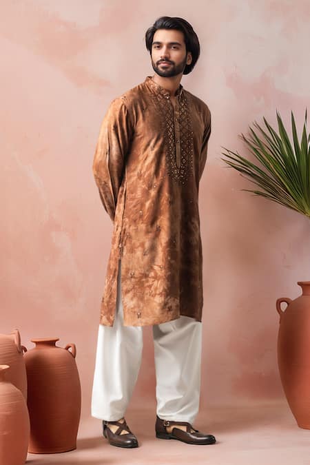 Buy_Arihant Rai Sinha_Brown Rayon, Silk Mirrors, Embroidery Printed And Kurta Salwar Set _Online_at_Aza_Fashions