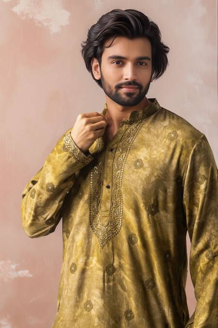 Shop_Arihant Rai Sinha_Green Rayon, Silk Embroidery, Sequins Kurta Salwar Set _Online_at_Aza_Fashions