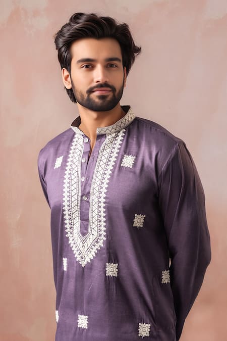 Buy_Arihant Rai Sinha_Purple Silk Embroidery Kurta And Salwar Set _Online_at_Aza_Fashions