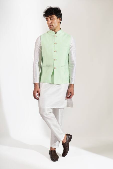 Rng Safawala_Green Silk Zari Motif Print Bundi _Online_at_Aza_Fashions